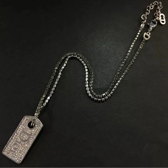 Authentic Christian Dior Logo Plate Rhinestone Silver Tone Pendant Necklace - Picture 2 of 16